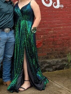 Sequined Green and Blue V-Neck Prom Dress